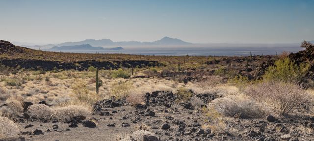 Roca volcánica con matorrales y montañas al fondo